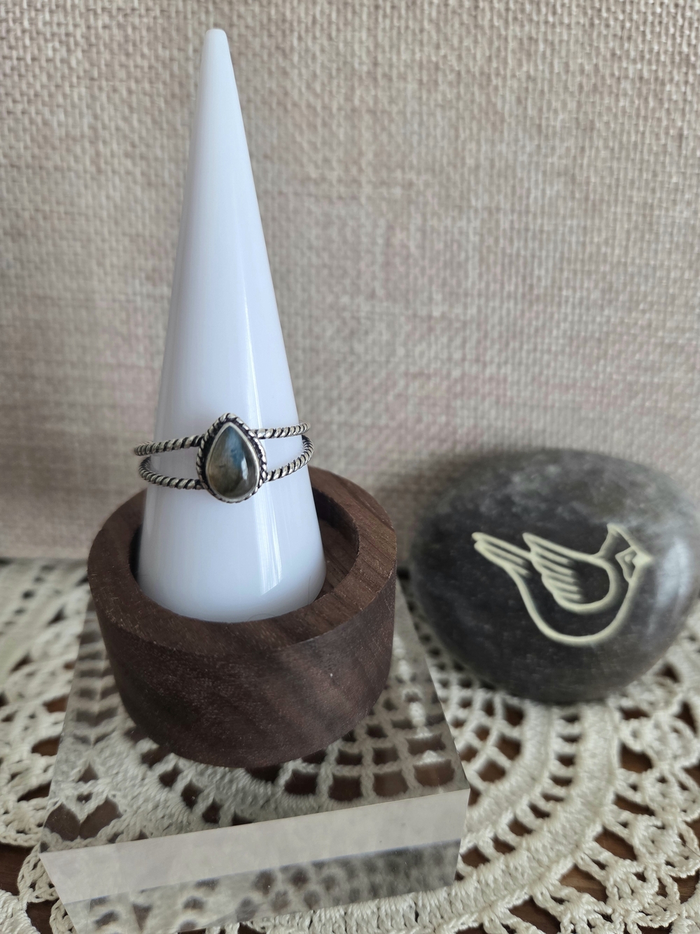 Silver Teardrop Labradorite Ring With Blue-Green Stone